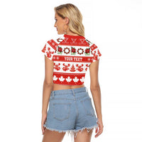 Personalised Canada Christmas Raglan Cropped T Shirt Canadian Moose Maple Leaf Seamless Style - Wonder Print Shop