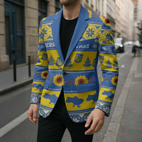 Personalised Ukraine Christmas Blazer Tryzub With Map Folk Pattern - Wonder Print Shop