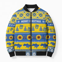 Personalised Ukraine Christmas Bomber Puffer Jacket Tryzub With Map Folk Pattern - Wonder Print Shop
