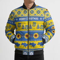 Personalised Ukraine Christmas Bomber Puffer Jacket Tryzub With Map Folk Pattern - Wonder Print Shop