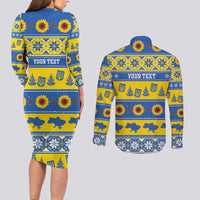 Personalised Ukraine Christmas Couples Matching Long Sleeve Bodycon Dress and Long Sleeve Button Shirt Tryzub With Map Folk Pattern - Wonder Print Shop