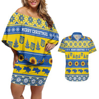Personalised Ukraine Christmas Couples Matching Off Shoulder Short Dress and Hawaiian Shirt Tryzub With Map Folk Pattern - Wonder Print Shop