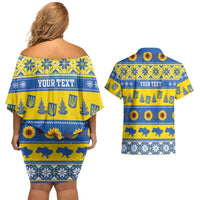 Personalised Ukraine Christmas Couples Matching Off Shoulder Short Dress and Hawaiian Shirt Tryzub With Map Folk Pattern - Wonder Print Shop