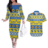 Personalised Ukraine Christmas Couples Matching Off The Shoulder Long Sleeve Dress and Hawaiian Shirt Tryzub With Map Folk Pattern - Wonder Print Shop