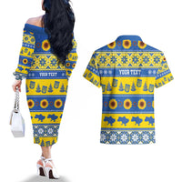 Personalised Ukraine Christmas Couples Matching Off The Shoulder Long Sleeve Dress and Hawaiian Shirt Tryzub With Map Folk Pattern - Wonder Print Shop