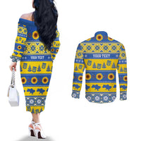 Personalised Ukraine Christmas Couples Matching Off The Shoulder Long Sleeve Dress and Long Sleeve Button Shirt Tryzub With Map Folk Pattern - Wonder Print Shop