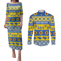 Personalised Ukraine Christmas Couples Matching Puletasi and Long Sleeve Button Shirt Tryzub With Map Folk Pattern - Wonder Print Shop