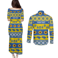 Personalised Ukraine Christmas Couples Matching Puletasi and Long Sleeve Button Shirt Tryzub With Map Folk Pattern - Wonder Print Shop