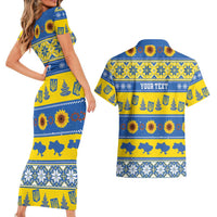 Personalised Ukraine Christmas Couples Matching Short Sleeve Bodycon Dress and Hawaiian Shirt Tryzub With Map Folk Pattern - Wonder Print Shop