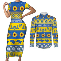 Personalised Ukraine Christmas Couples Matching Short Sleeve Bodycon Dress and Long Sleeve Button Shirt Tryzub With Map Folk Pattern - Wonder Print Shop