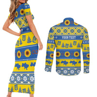 Personalised Ukraine Christmas Couples Matching Short Sleeve Bodycon Dress and Long Sleeve Button Shirt Tryzub With Map Folk Pattern - Wonder Print Shop