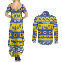 Personalised Ukraine Christmas Couples Matching Summer Maxi Dress and Long Sleeve Button Shirt Tryzub With Map Folk Pattern - Wonder Print Shop