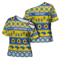 Personalised Ukraine Christmas Cross Shoulder Shirt Tryzub With Map Folk Pattern - Wonder Print Shop