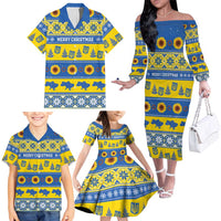 Personalised Ukraine Christmas Family Matching Off The Shoulder Long Sleeve Dress and Hawaiian Shirt Tryzub With Map Folk Pattern - Wonder Print Shop
