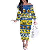 Personalised Ukraine Christmas Family Matching Off The Shoulder Long Sleeve Dress and Hawaiian Shirt Tryzub With Map Folk Pattern - Wonder Print Shop