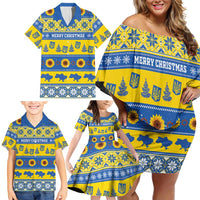 Personalised Ukraine Christmas Family Matching Off Shoulder Short Dress and Hawaiian Shirt Tryzub With Map Folk Pattern - Wonder Print Shop