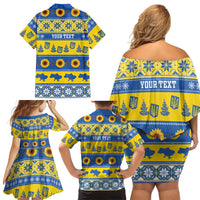 Personalised Ukraine Christmas Family Matching Off Shoulder Short Dress and Hawaiian Shirt Tryzub With Map Folk Pattern - Wonder Print Shop