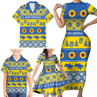 Personalised Ukraine Christmas Family Matching Short Sleeve Bodycon Dress and Hawaiian Shirt Tryzub With Map Folk Pattern - Wonder Print Shop