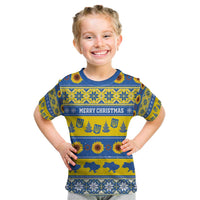 Personalised Ukraine Christmas Kid T Shirt Tryzub With Map Folk Pattern - Wonder Print Shop