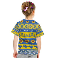 Personalised Ukraine Christmas Kid T Shirt Tryzub With Map Folk Pattern - Wonder Print Shop