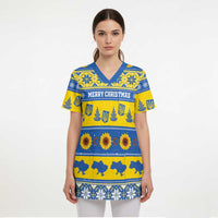 Personalised Ukraine Christmas Scrub Top Tryzub With Map Folk Pattern - Wonder Print Shop