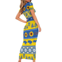 Personalised Ukraine Christmas Short Sleeve Bodycon Dress Tryzub With Map Folk Pattern - Wonder Print Shop