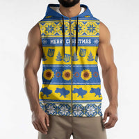 Personalised Ukraine Christmas Sleeveless Zip Hoodie Tryzub With Map Folk Pattern - Wonder Print Shop