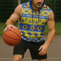 Personalised Ukraine Christmas Sleeveless Zip Hoodie Tryzub With Map Folk Pattern - Wonder Print Shop