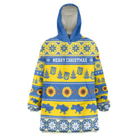 Personalised Ukraine Christmas Wearable Blanket Hoodie Tryzub With Map Folk Pattern - Wonder Print Shop