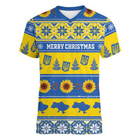 Personalised Ukraine Christmas Women V-Neck T-Shirt Tryzub With Map Folk Pattern - Wonder Print Shop