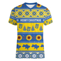 Personalised Ukraine Christmas Women V-Neck T-Shirt Tryzub With Map Folk Pattern - Wonder Print Shop