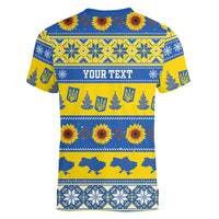 Personalised Ukraine Christmas Women V-Neck T-Shirt Tryzub With Map Folk Pattern - Wonder Print Shop