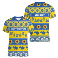 Personalised Ukraine Christmas Women V-Neck T-Shirt Tryzub With Map Folk Pattern - Wonder Print Shop