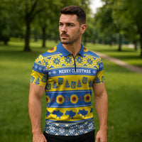 Personalised Ukraine Christmas Zipper Polo Shirt Tryzub With Map Folk Pattern - Wonder Print Shop
