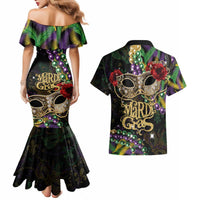 Mardi Gras 2025 Couples Matching Mermaid Dress and Hawaiian Shirt Beadeds With Gorgeous Mask - Wonder Print Shop