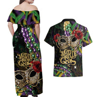 Mardi Gras 2025 Couples Matching Off Shoulder Maxi Dress and Hawaiian Shirt Beadeds With Gorgeous Mask - Wonder Print Shop