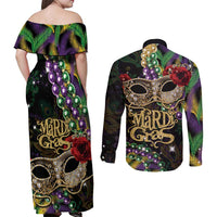 Mardi Gras 2025 Couples Matching Off Shoulder Maxi Dress and Long Sleeve Button Shirt Beadeds With Gorgeous Mask - Wonder Print Shop