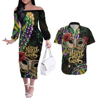 Mardi Gras 2025 Couples Matching Off The Shoulder Long Sleeve Dress and Hawaiian Shirt Beadeds With Gorgeous Mask - Wonder Print Shop