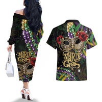 Mardi Gras 2025 Couples Matching Off The Shoulder Long Sleeve Dress and Hawaiian Shirt Beadeds With Gorgeous Mask - Wonder Print Shop