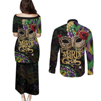 Mardi Gras 2025 Couples Matching Puletasi and Long Sleeve Button Shirt Beadeds With Gorgeous Mask - Wonder Print Shop