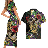 Mardi Gras 2025 Couples Matching Short Sleeve Bodycon Dress and Hawaiian Shirt Beadeds With Gorgeous Mask - Wonder Print Shop