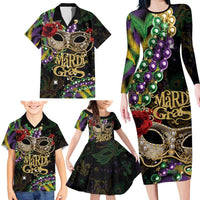 Mardi Gras 2025 Family Matching Long Sleeve Bodycon Dress and Hawaiian Shirt Beadeds With Gorgeous Mask - Wonder Print Shop