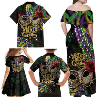 Mardi Gras 2025 Family Matching Off Shoulder Maxi Dress and Hawaiian Shirt Beadeds With Gorgeous Mask - Wonder Print Shop