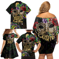 Mardi Gras 2025 Family Matching Off Shoulder Short Dress and Hawaiian Shirt Beadeds With Gorgeous Mask - Wonder Print Shop