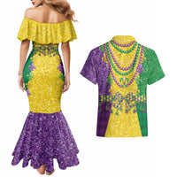 Mardi Gras Couples Matching Mermaid Dress and Hawaiian Shirt Beadeds Necklace With Fleur De Lis - Wonder Print Shop