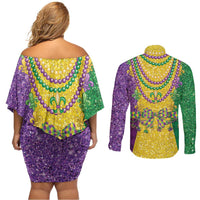 Mardi Gras Couples Matching Off Shoulder Short Dress and Long Sleeve Button Shirt Beadeds Necklace With Fleur De Lis - Wonder Print Shop