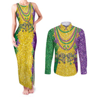 Mardi Gras Couples Matching Tank Maxi Dress and Long Sleeve Button Shirt Beadeds Necklace With Fleur De Lis - Wonder Print Shop