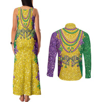 Mardi Gras Couples Matching Tank Maxi Dress and Long Sleeve Button Shirt Beadeds Necklace With Fleur De Lis - Wonder Print Shop