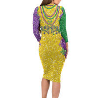 Mardi Gras Family Matching Long Sleeve Bodycon Dress and Hawaiian Shirt Beadeds Necklace With Fleur De Lis - Wonder Print Shop