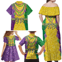 Mardi Gras Family Matching Off Shoulder Maxi Dress and Hawaiian Shirt Beadeds Necklace With Fleur De Lis - Wonder Print Shop